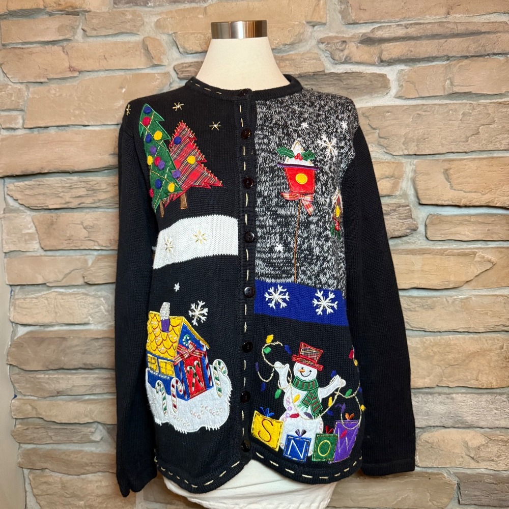 White Stag Womens Ugly Christmas Sweater Cardigan Snowman Tree Holiday XL 16 18